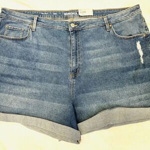 NWT SONOMA Women High Rise Blue Rolled Cuff Distressed Denim Mom Shorts Plus 24W